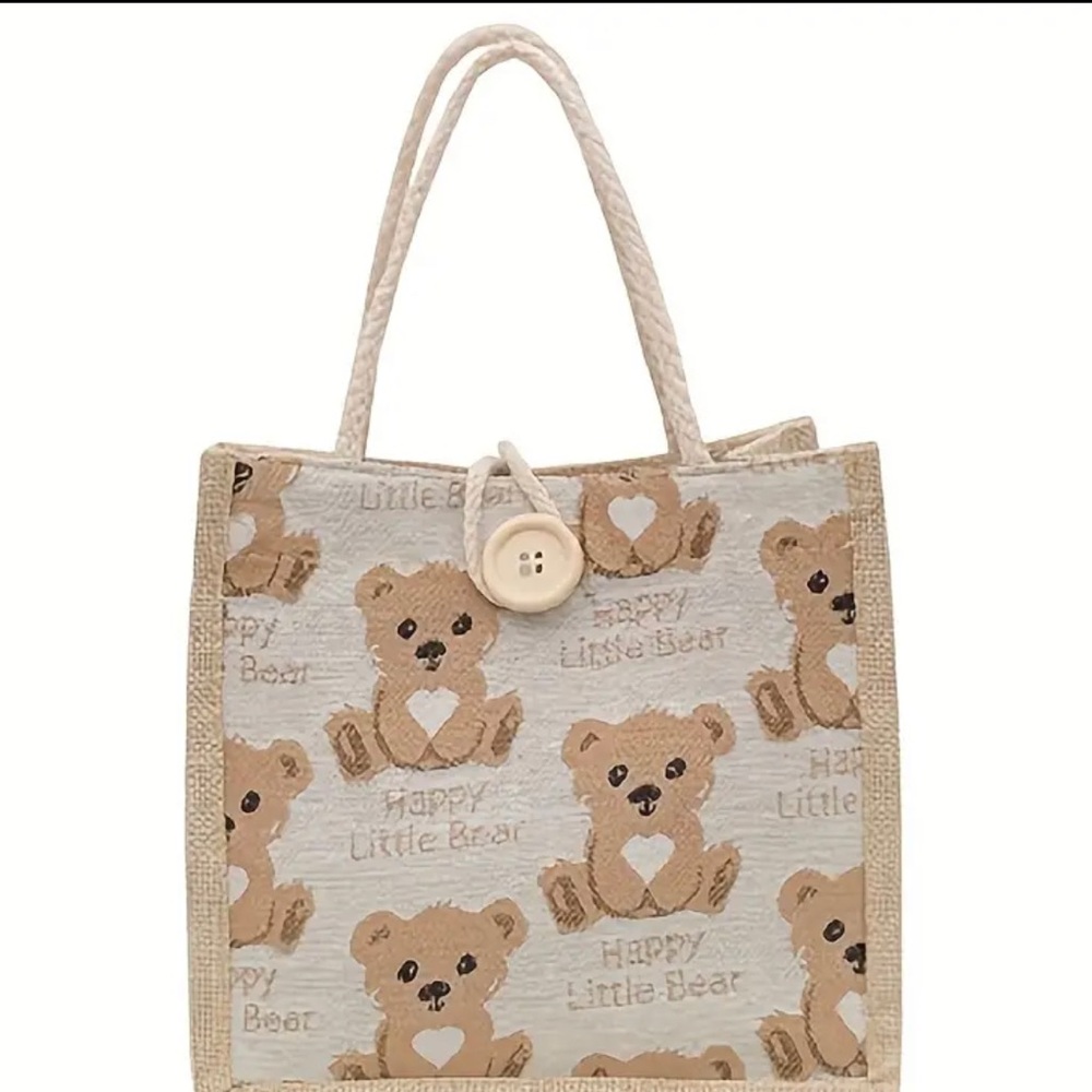 1pc Bear Linen Tote Bag, Carrying Bag Small Satchel, Single Shoulder Trendy Bag